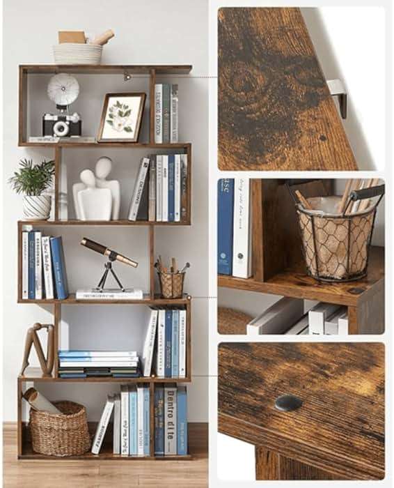 VASAGLE Bookcase, 5-Tier Bookshelf, Display Shelf and Room Divider, Freestanding Decorative Storage Shelving, Rustic Brown ULBC62BX, 27.6”L x 9.4”W x 62.6”H (70 x 24 x 159 cm) - Image 6