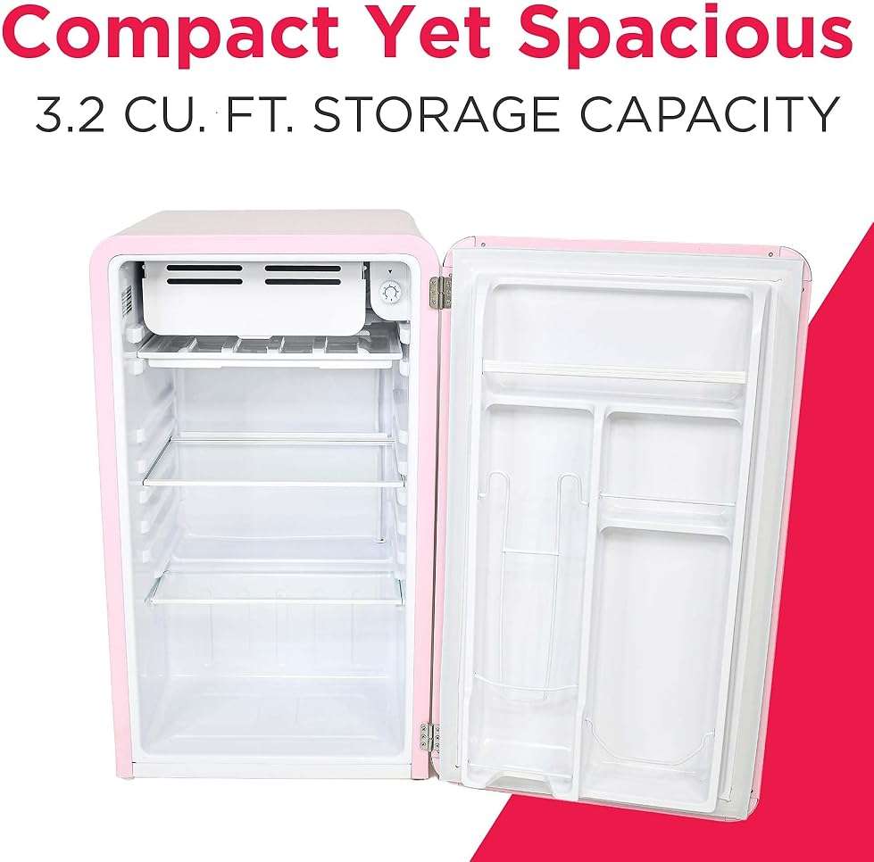 Frigidaire Retro Compact Refrigerator with Chiller, 3.2 cu ft Countertop Fridge, Built-In Bottle Opener, Rounded Corners, Premium, for Office, Bedroom, Dorm Room, Cabin, 18.5D x 20W x 31.5H (Pink) - Image 4