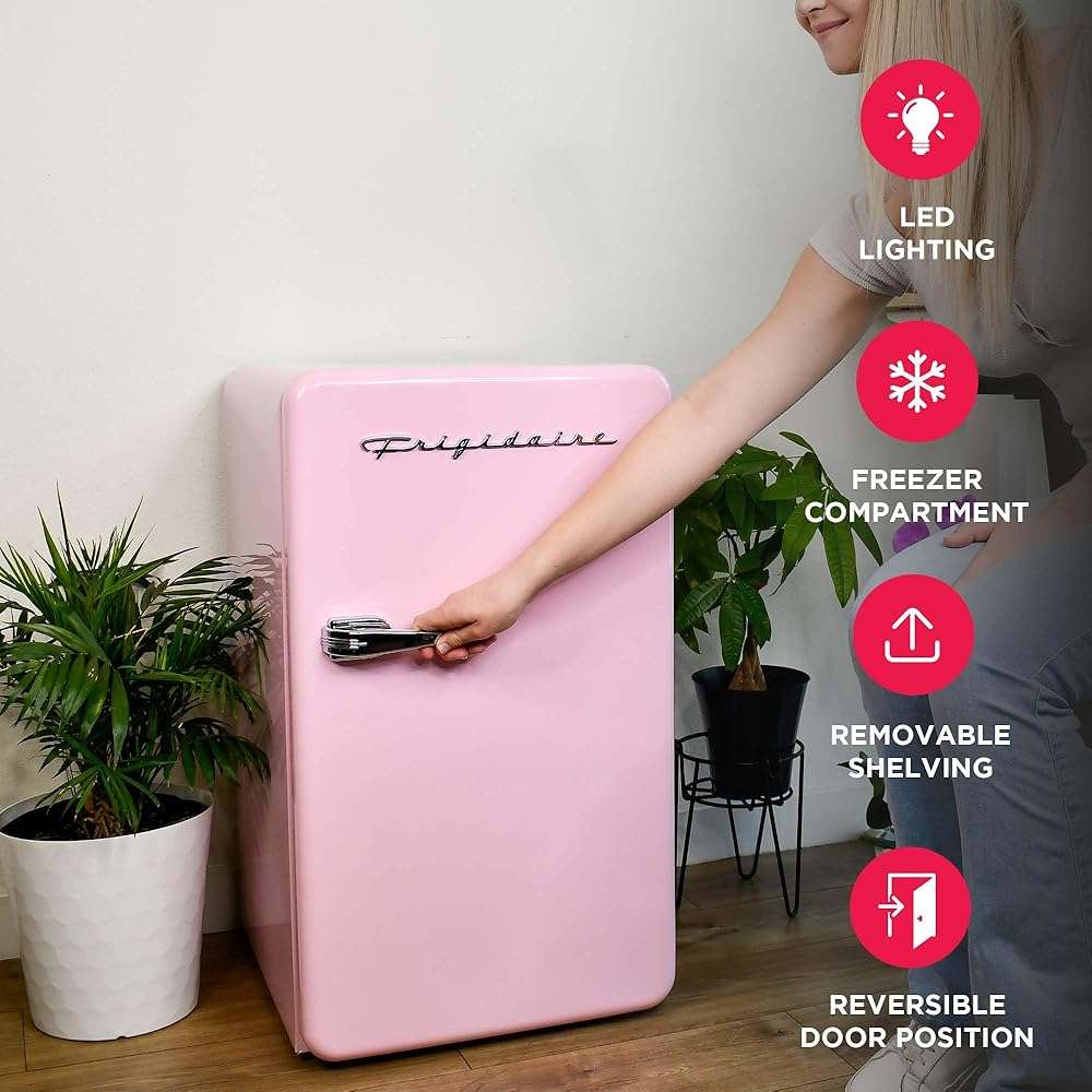Frigidaire Retro Compact Refrigerator with Chiller, 3.2 cu ft Countertop Fridge, Built-In Bottle Opener, Rounded Corners, Premium, for Office, Bedroom, Dorm Room, Cabin, 18.5D x 20W x 31.5H (Pink) - Image 5