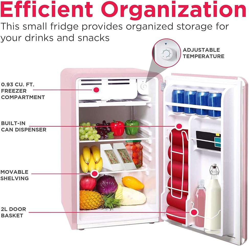 Frigidaire Retro Compact Refrigerator with Chiller, 3.2 cu ft Countertop Fridge, Built-In Bottle Opener, Rounded Corners, Premium, for Office, Bedroom, Dorm Room, Cabin, 18.5D x 20W x 31.5H (Pink) - Image 6