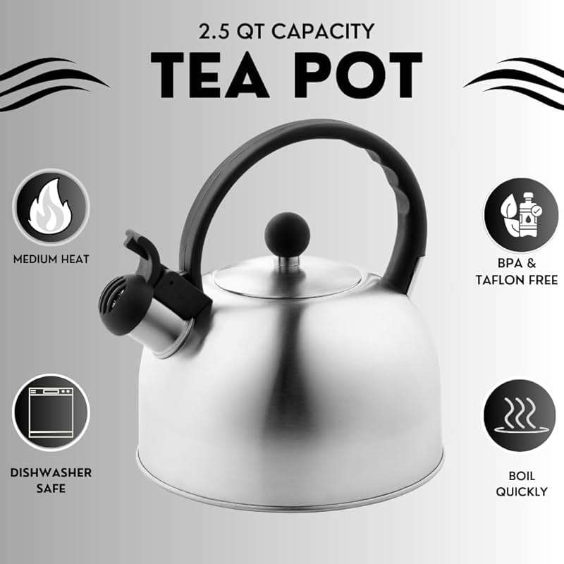 Venoly 2.5 Liter Whistling Tea Kettle - Modern Stainless Steel Whistling Tea Pot for Stovetop Hot Water Boiler with Cool Grip Ergonomic Handle (Silver, 2.5 Liter) - Image 4