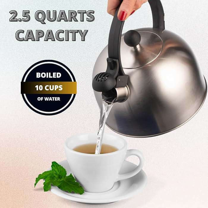 Venoly 2.5 Liter Whistling Tea Kettle - Modern Stainless Steel Whistling Tea Pot for Stovetop Hot Water Boiler with Cool Grip Ergonomic Handle (Silver, 2.5 Liter) - Image 5