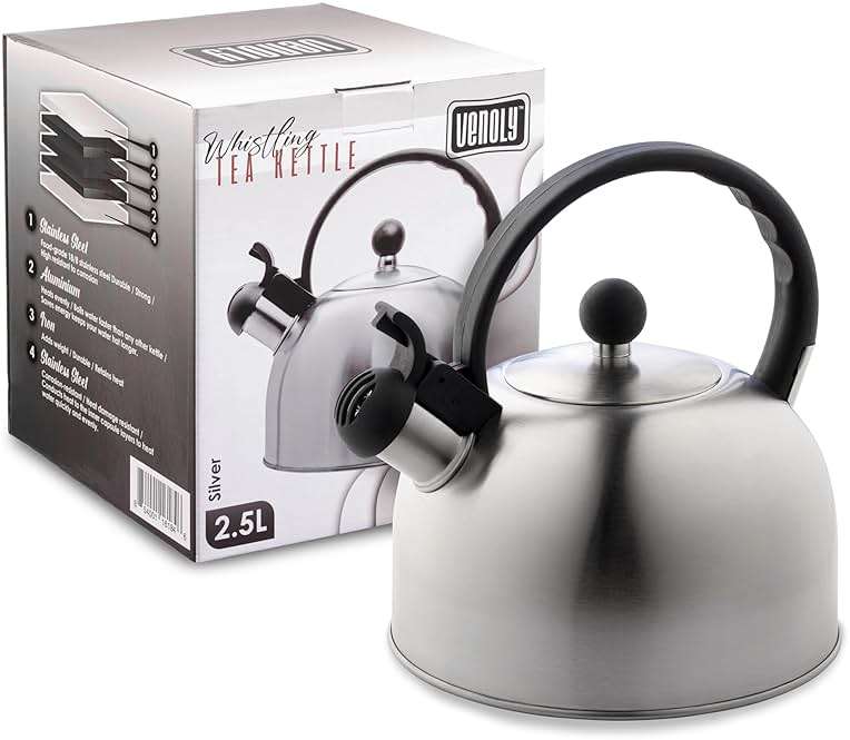 Venoly 2.5 Liter Whistling Tea Kettle - Modern Stainless Steel Whistling Tea Pot for Stovetop Hot Water Boiler with Cool Grip Ergonomic Handle (Silver, 2.5 Liter) - Image 9