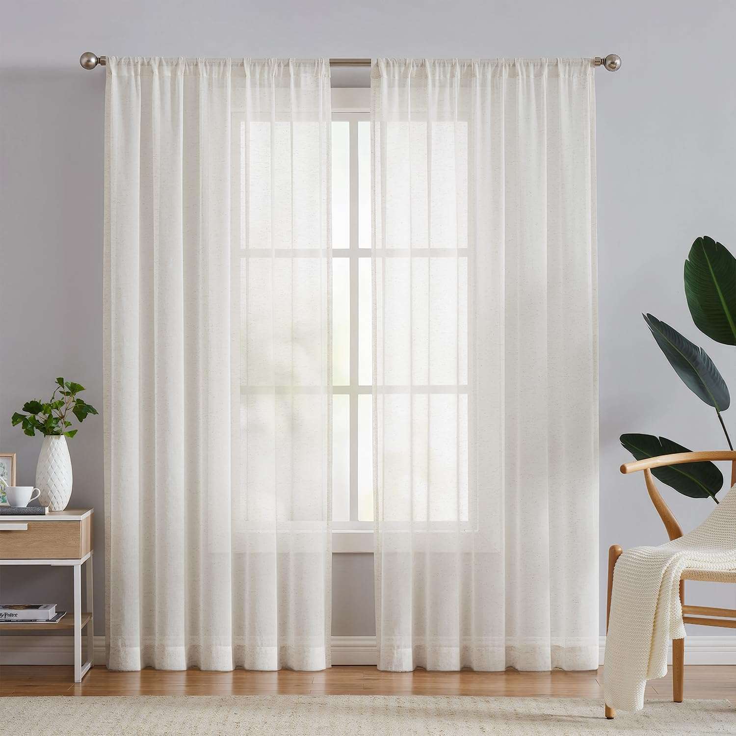 FMFUNCTEX Linen Sheer Curtains for Bedroom, Beige Curtains 84 inches Long for Living Room, Natural Flax Blend Window Draperies for Farmhouse Curtain, Rod Pocket 2 Panels - Image 1