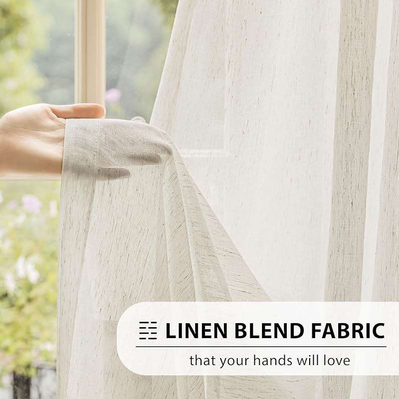 FMFUNCTEX Linen Sheer Curtains for Bedroom, Beige Curtains 84 inches Long for Living Room, Natural Flax Blend Window Draperies for Farmhouse Curtain, Rod Pocket 2 Panels - Image 3