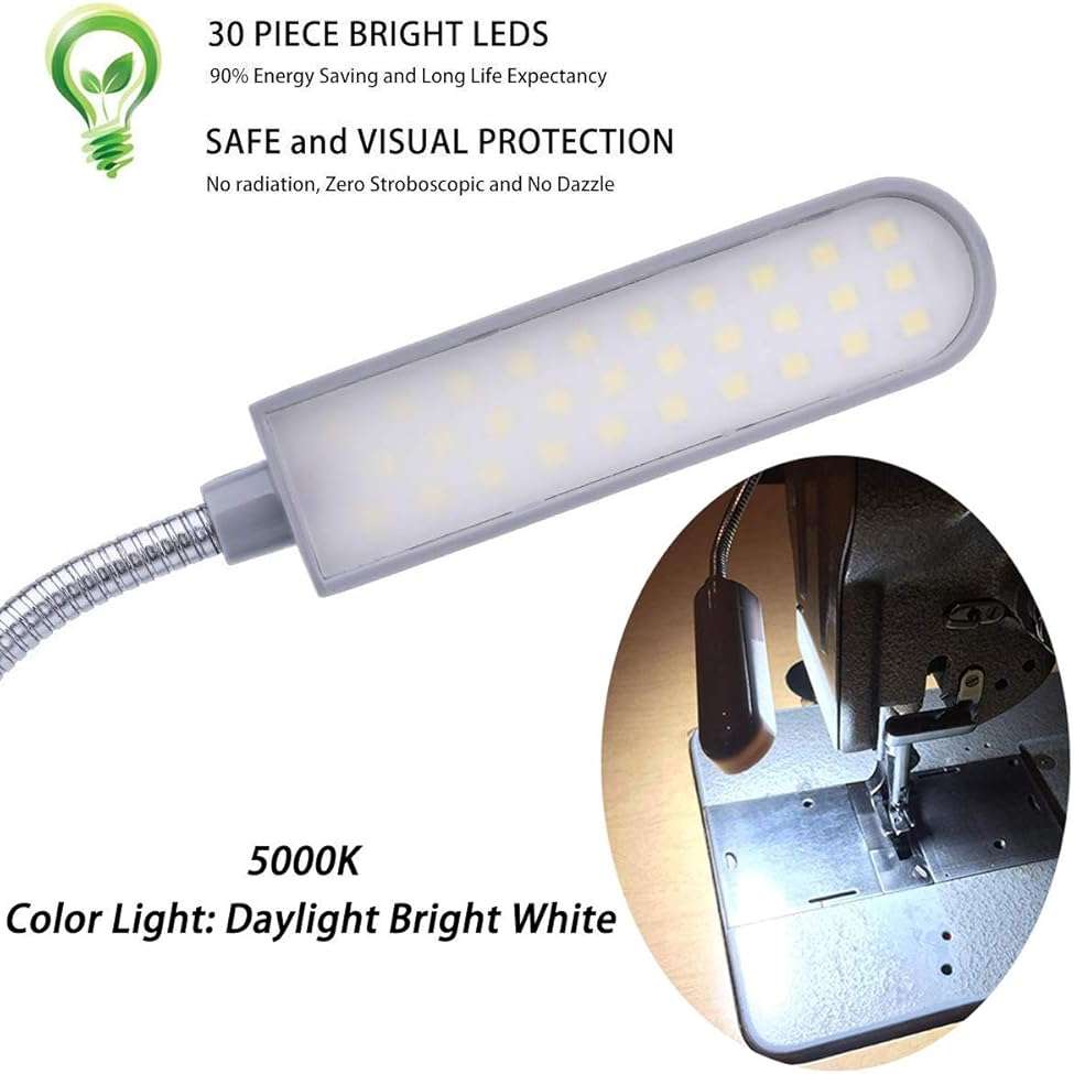 EVISWIY Sewing Machine Light LED Lighting (30LEDs) 6 Watt Multifunctional Flexible Gooseneck Arm Work Lamp with Magnetic Mounting Base for Workbench Lathe Drill Press 2 Pack Silver - Image 5