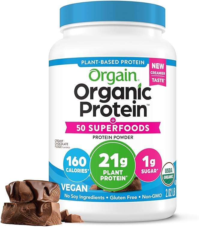 Orgain Organic Vegan Protein + 50 Superfoods Powder, Creamy Chocolate Fudge - 21g Plant Based Protein, 9g Prebiotic Fiber, No Lactose, Gluten Free, No Added Sugar, 2.02 lb (Packaging May Vary) - Image 1