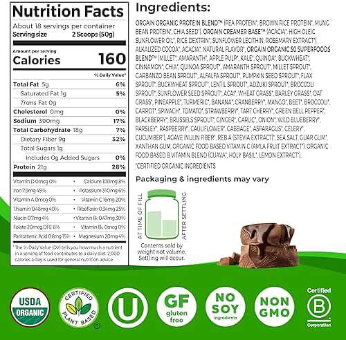 Orgain Organic Vegan Protein + 50 Superfoods Powder, Creamy Chocolate Fudge - 21g Plant Based Protein, 9g Prebiotic Fiber, No Lactose, Gluten Free, No Added Sugar, 2.02 lb (Packaging May Vary) - Image 2
