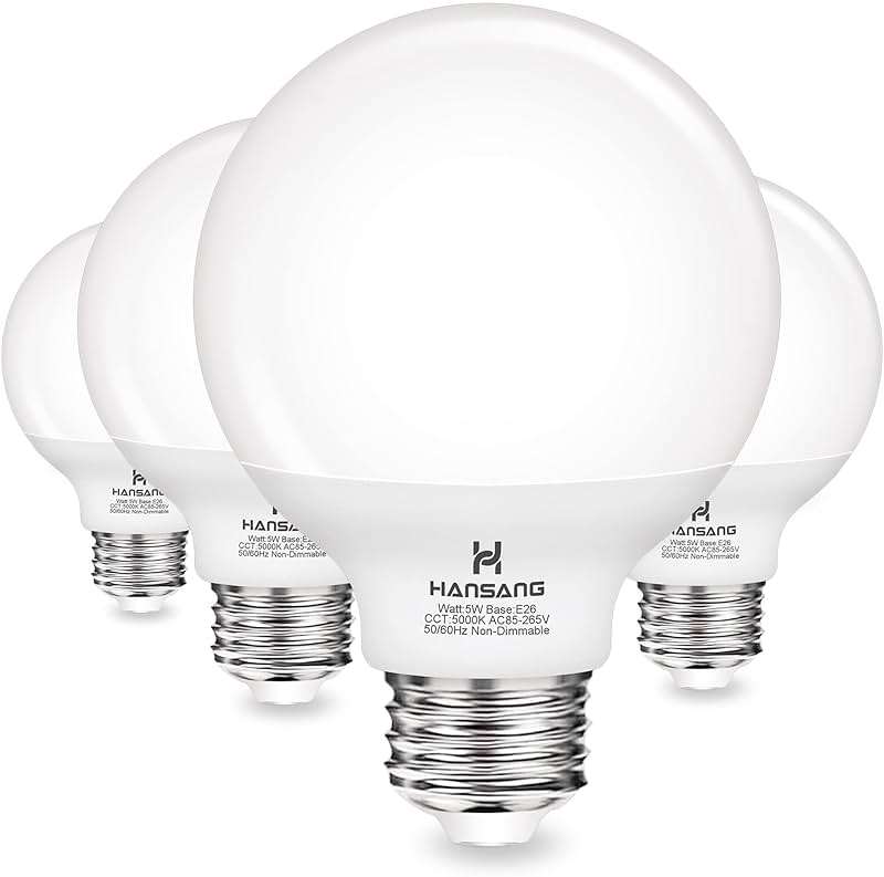 hansang G25 LED Globe Light Bulbs, 60W Equivalent, 5000K Daylight Bathroom, E26 Base, Eye-Friendly Vanity Round, Perfect for Vanity Makeup Mirror, 120V CRI85+ Non-Dimmable 4Pack - Image 1