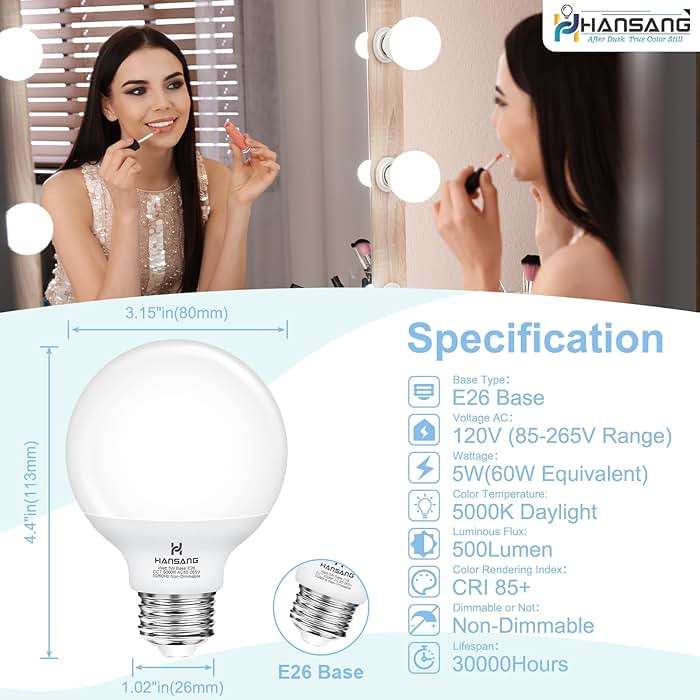 hansang G25 LED Globe Light Bulbs, 60W Equivalent, 5000K Daylight Bathroom, E26 Base, Eye-Friendly Vanity Round, Perfect for Vanity Makeup Mirror, 120V CRI85+ Non-Dimmable 4Pack - Image 2