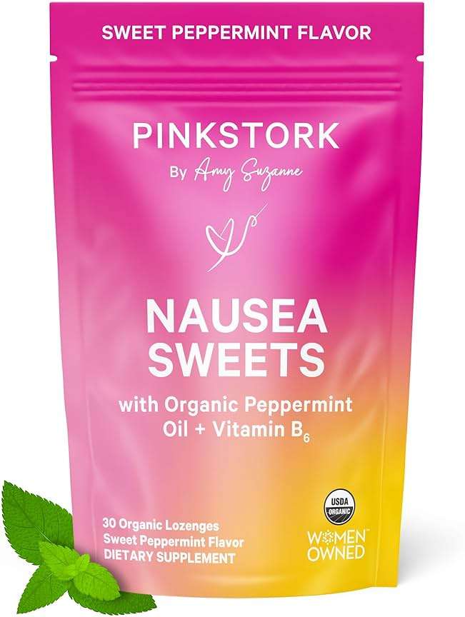 Pink Stork Organic Peppermint Sweets for Morning Sickness and Motion Sickness Support, Added Vitamin B6, 1st Trimester Pregnancy Must Haves - 30 Wrapped Peppermint Candies - Image 1