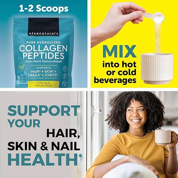 Viva Naturals Collagen Peptides Powder - Grass-Fed Hydrolyzed Bovine, Type I & III - 19 g Protein, Unflavored, Easy Dissolving - Joint, Skin, Hair & Nail Support - Paleo, Keto, Non-GMO - 1lb - Image 6