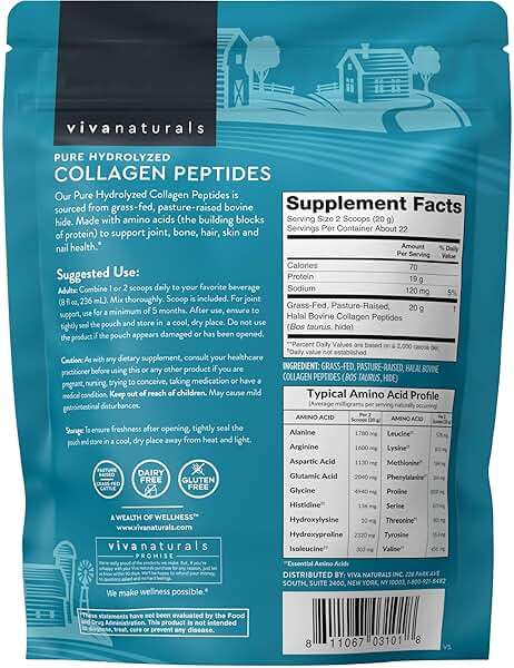 Viva Naturals Collagen Peptides Powder - Grass-Fed Hydrolyzed Bovine, Type I & III - 19 g Protein, Unflavored, Easy Dissolving - Joint, Skin, Hair & Nail Support - Paleo, Keto, Non-GMO - 1lb - Image 8