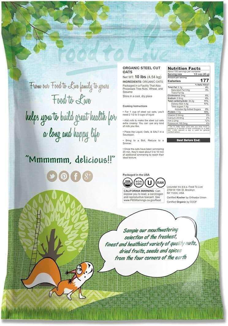 Food to Live Organic Steel Cut Oats, 10 Pounds – 100% Whole Grain Irish Oats, Non-GMO Cereal, Non-Irradiated, Vegan, Bulk, Product of the USA - Image 2