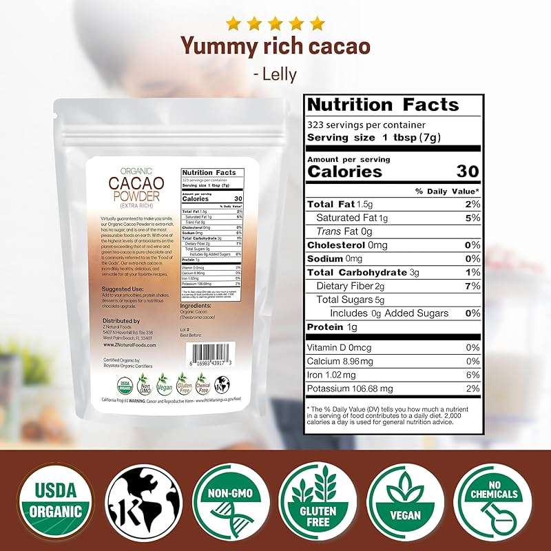 Z Natural Foods Organic Cacao Powder - Unsweetened Nutrient-Dense Superfood for Healthy Aging - Extra-Rich Dark Chocolate Flavor Perfect for Chocolate Recipes, Shakes or Smoothies, 5 lbs - Image 2