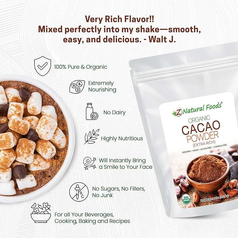 Z Natural Foods Organic Cacao Powder - Unsweetened Nutrient-Dense Superfood for Healthy Aging - Extra-Rich Dark Chocolate Flavor Perfect for Chocolate Recipes, Shakes or Smoothies, 5 lbs - Image 4
