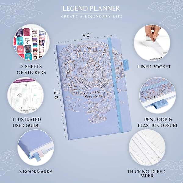 Legend Undated Weekly Planner – Goal Planner Journal & Organizer Notebook – Agenda Book with Monthly Calendar & To-Do List, A5 (Periwinkle, Gold) - Image 2