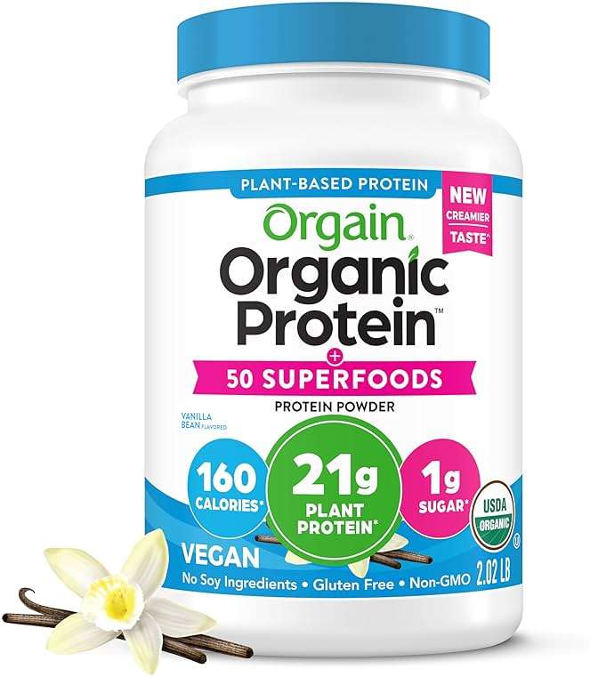 Orgain Organic Vegan Protein + 50 Superfoods Powder, Vanilla Bean - 21g Plant Based Protein, 8g Prebiotic Fiber, No Lactose Ingredients, Gluten Free, No Added Sugar, Non-GMO, 2.02 lb - Image 1
