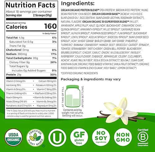 Orgain Organic Vegan Protein + 50 Superfoods Powder, Vanilla Bean - 21g Plant Based Protein, 8g Prebiotic Fiber, No Lactose Ingredients, Gluten Free, No Added Sugar, Non-GMO, 2.02 lb - Image 2