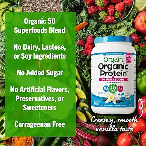 Orgain Organic Vegan Protein + 50 Superfoods Powder, Vanilla Bean - 21g Plant Based Protein, 8g Prebiotic Fiber, No Lactose Ingredients, Gluten Free, No Added Sugar, Non-GMO, 2.02 lb - Image 6