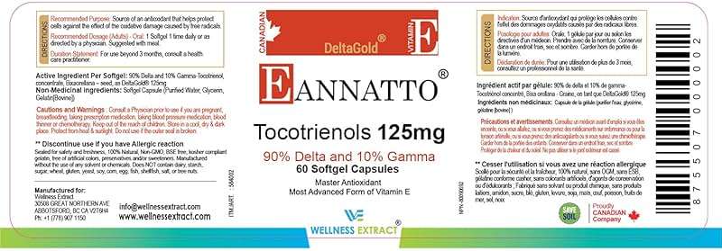 WELLNESS EXTRACT Eannatto Tocotrienols Vitamin E Supplements Tocopherol Free, Non-GMO, Gluten Free & Antioxidant (125MG 60 Softgels) - Image 3