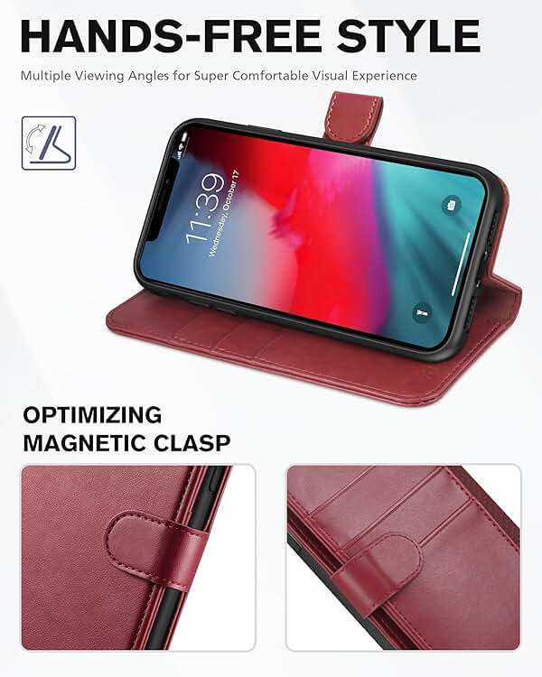 TUCCH Case Wallet for iPhone XR, Kickstand RFID Blocking Credit Card Slot PU Leather Folio Phone Cover with Wireless Charging [Shockproof TPU Shell] Compatible with iPhone XR 6.1, Dark Red - Image 4