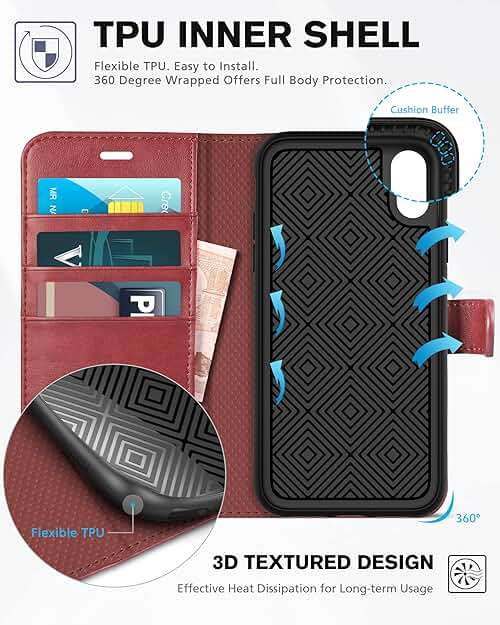TUCCH Case Wallet for iPhone XR, Kickstand RFID Blocking Credit Card Slot PU Leather Folio Phone Cover with Wireless Charging [Shockproof TPU Shell] Compatible with iPhone XR 6.1, Dark Red - Image 5