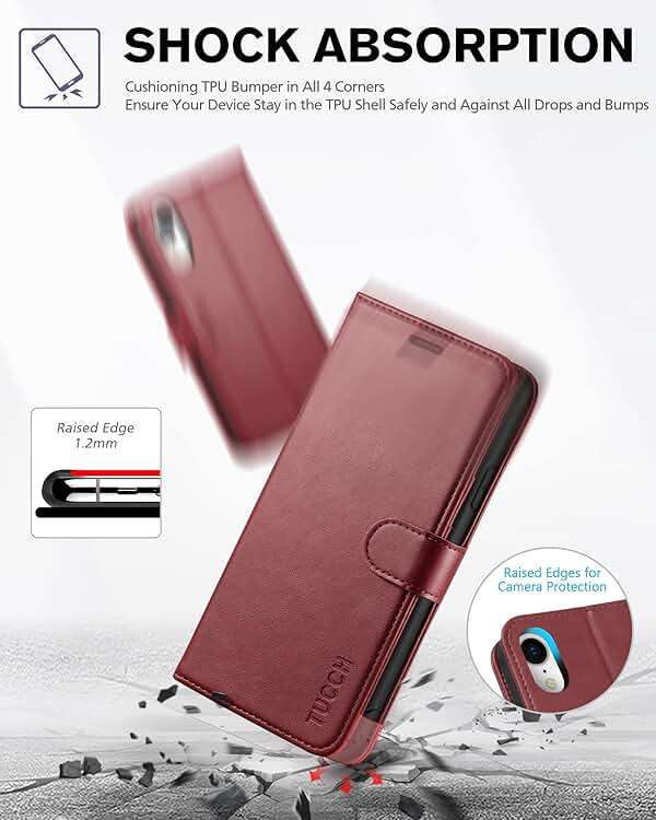 TUCCH Case Wallet for iPhone XR, Kickstand RFID Blocking Credit Card Slot PU Leather Folio Phone Cover with Wireless Charging [Shockproof TPU Shell] Compatible with iPhone XR 6.1, Dark Red - Image 6