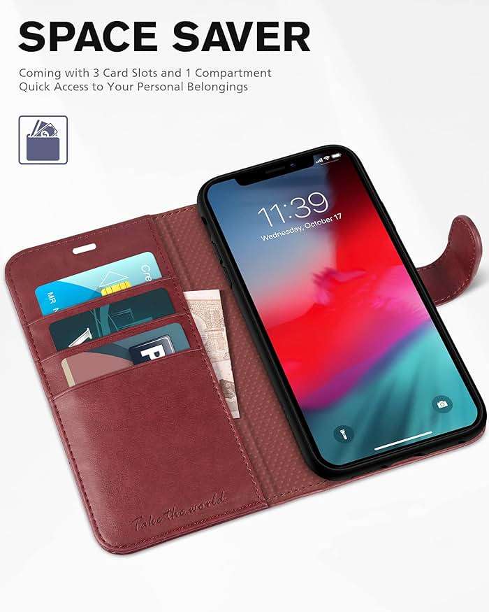 TUCCH Case Wallet for iPhone XR, Kickstand RFID Blocking Credit Card Slot PU Leather Folio Phone Cover with Wireless Charging [Shockproof TPU Shell] Compatible with iPhone XR 6.1, Dark Red - Image 7