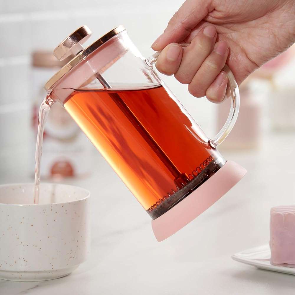 Pinky Up Riley Mini Glass Tea Press Pot, Coffee Maker, French Press for Loose Leaf Tea and Coffee, Hot or Iced Beverage Brewer, 12 oz, Pink - Image 3