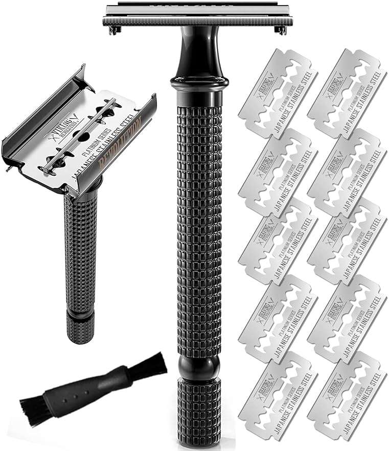 SHAVING REVOLUTION Long Handle Double Edge Safety Razor - Butterfly Open Razor 10 Japanese Stainless Steel Double Edge Blades - Close, Clean Shaving Razor Men., Black Long Handle, 12 Piece Set - Image 1