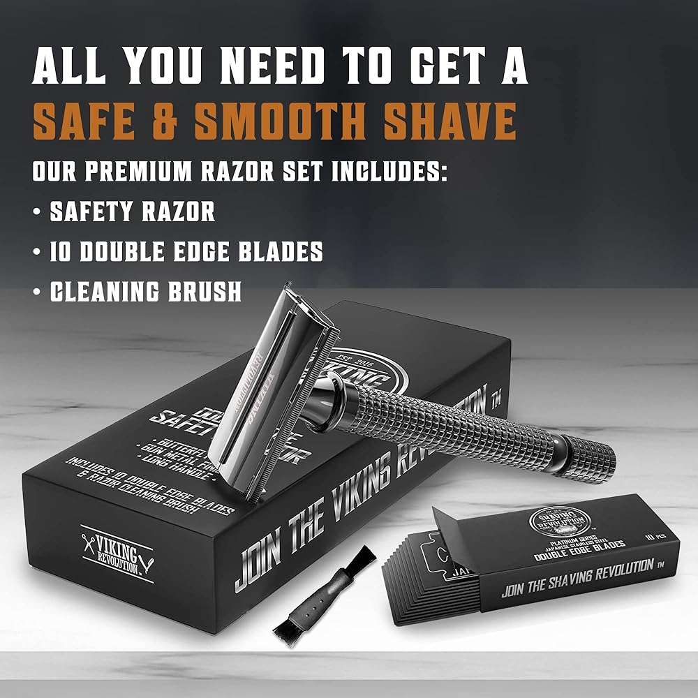 SHAVING REVOLUTION Long Handle Double Edge Safety Razor - Butterfly Open Razor 10 Japanese Stainless Steel Double Edge Blades - Close, Clean Shaving Razor Men., Black Long Handle, 12 Piece Set - Image 2