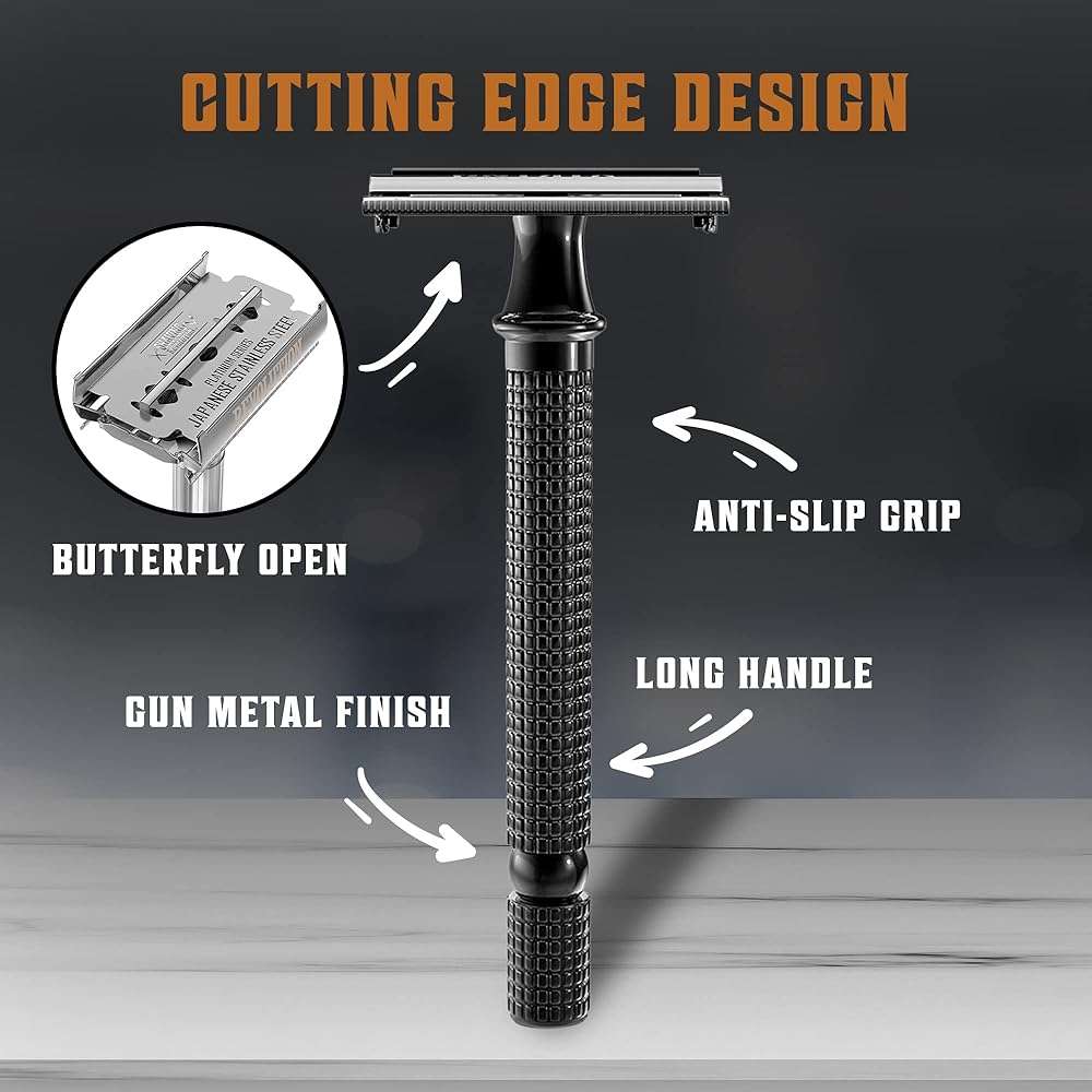 SHAVING REVOLUTION Long Handle Double Edge Safety Razor - Butterfly Open Razor 10 Japanese Stainless Steel Double Edge Blades - Close, Clean Shaving Razor Men., Black Long Handle, 12 Piece Set - Image 3