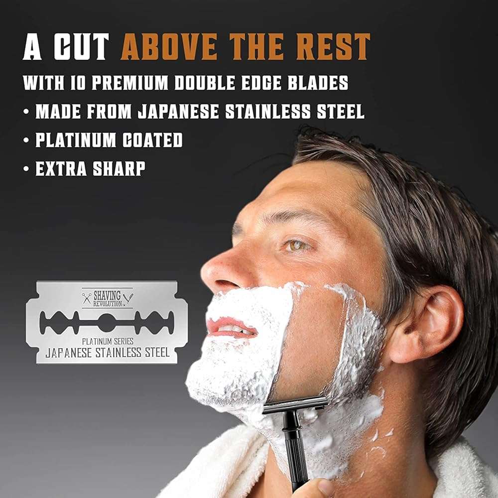 SHAVING REVOLUTION Long Handle Double Edge Safety Razor - Butterfly Open Razor 10 Japanese Stainless Steel Double Edge Blades - Close, Clean Shaving Razor Men., Black Long Handle, 12 Piece Set - Image 4