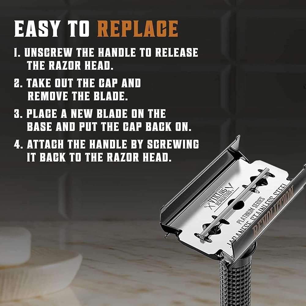 SHAVING REVOLUTION Long Handle Double Edge Safety Razor - Butterfly Open Razor 10 Japanese Stainless Steel Double Edge Blades - Close, Clean Shaving Razor Men., Black Long Handle, 12 Piece Set - Image 6