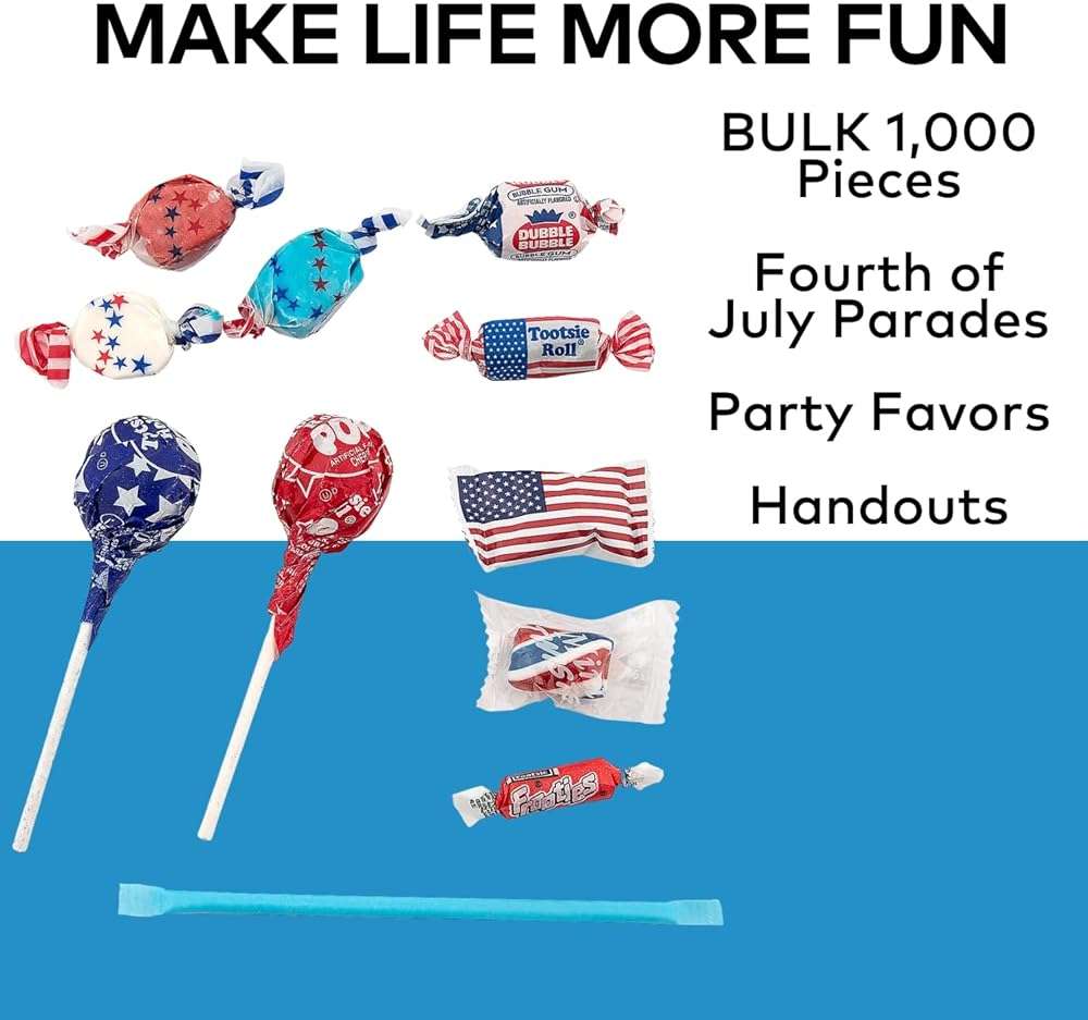 Fun Express Bulk Patriotic Candy Individually Wrapped - 1000 Pieces Premium Assorted Candy and Lollipops to Make Every Occasion Sweet - 4th of July, Memorial Day and Veteran's Day Favors - Image 6