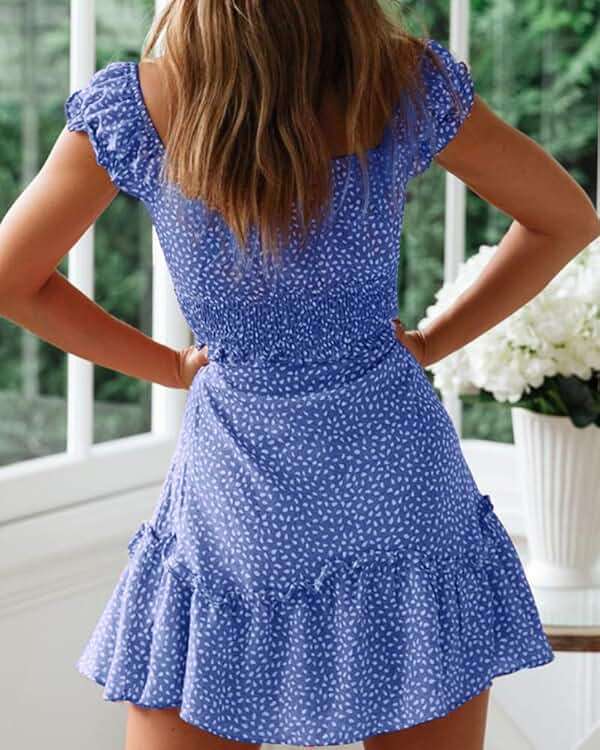 YOBECHO Womens Summer Ruffle Sleeve Sweetheart Neckline Printing Dress Mini Dresses - Image 3