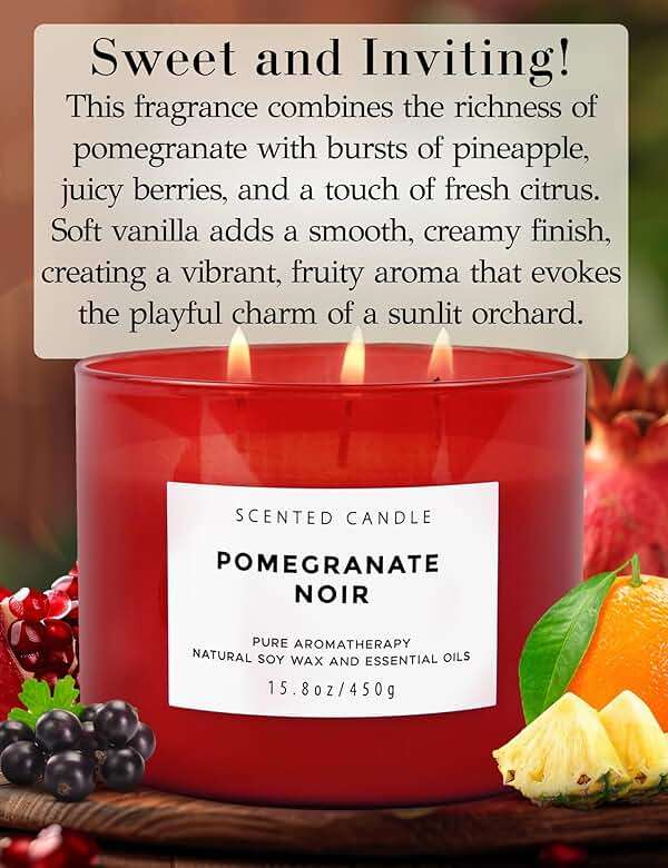 Pomegranate Noir Scented Soy Candle - Large 3-Wick Aromatherapy Candle for Home, 15.8oz - Sweet Fruity Vanilla Stress Relief Candle - Luxury Gift for Women & Men - Image 4