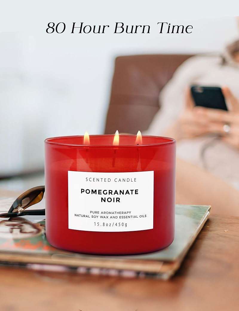Pomegranate Noir Scented Soy Candle - Large 3-Wick Aromatherapy Candle for Home, 15.8oz - Sweet Fruity Vanilla Stress Relief Candle - Luxury Gift for Women & Men - Image 7