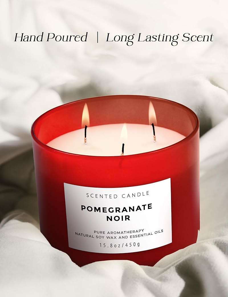 Pomegranate Noir Scented Soy Candle - Large 3-Wick Aromatherapy Candle for Home, 15.8oz - Sweet Fruity Vanilla Stress Relief Candle - Luxury Gift for Women & Men - Image 8