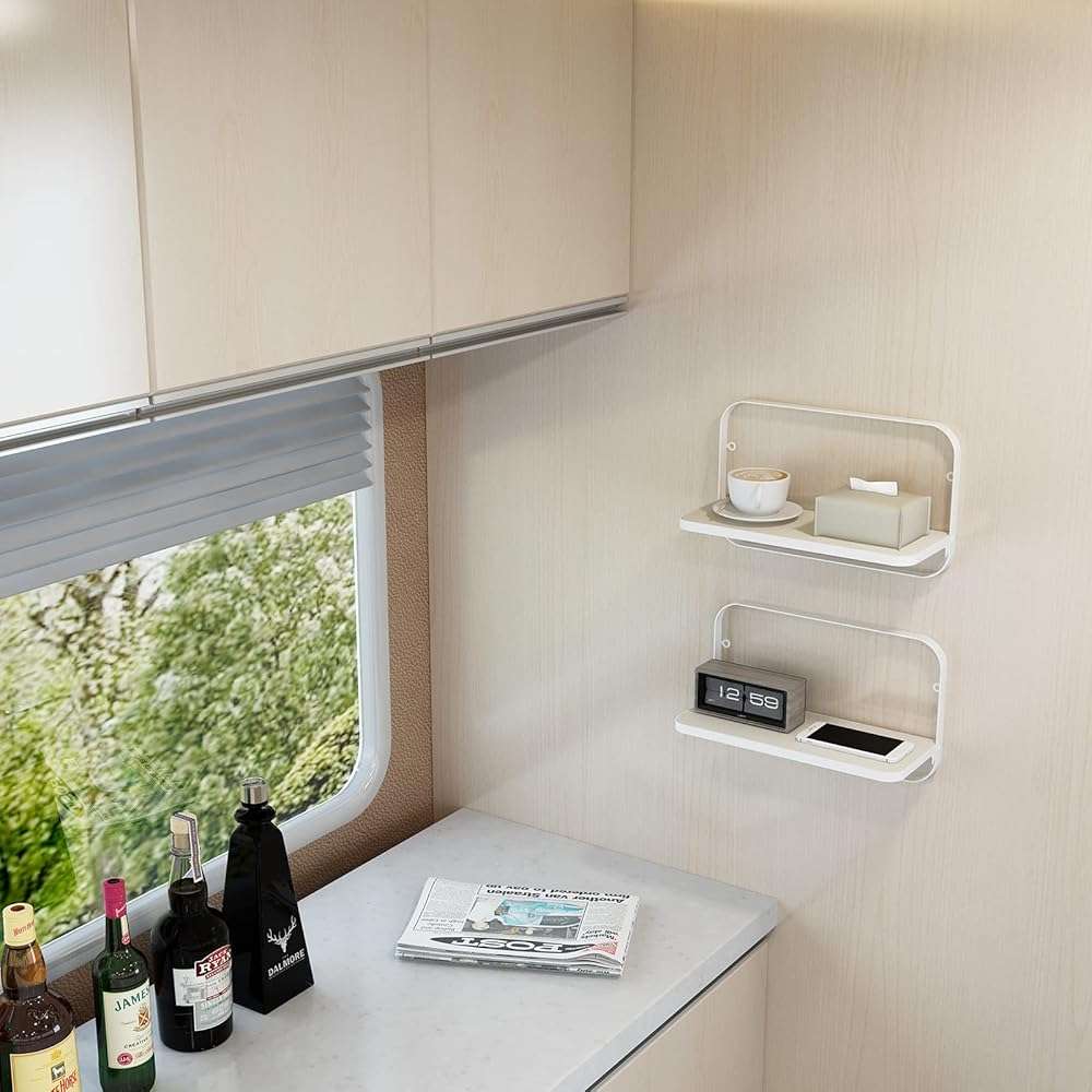 WELLAND Arlington Floating Shelves Set of 2 | Folding Display Wall Shelves | Walnut Grain Wooden Board & Metal Frame | 12" W x 5" D x 7" H | White (Upgraded) - Image 2