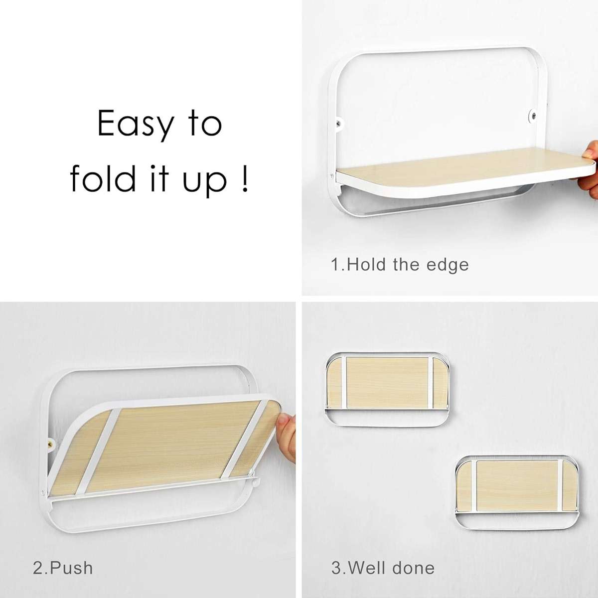 WELLAND Arlington Floating Shelves Set of 2 | Folding Display Wall Shelves | Walnut Grain Wooden Board & Metal Frame | 12" W x 5" D x 7" H | White (Upgraded) - Image 5