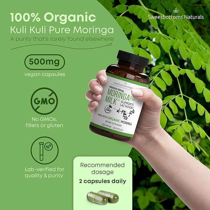 Lactation Supplement - Organic Moringa Capsules for Breastfeeding Support to Increase Breastmilk Supply (120 ct) Pure Malunggay Leaf Powder for Milk Production Booster & Postnatal Vitamins A E K 500mg - Image 2