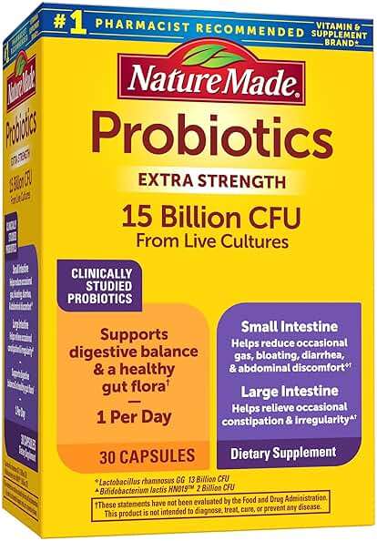 Nature Made Probiotics for Digestive Health Extra Strength 15 Billion CFU from Live Cultures, Probiotics for Women and Men, 30 Probiotic Capsules, 30 Day Supply - Image 1