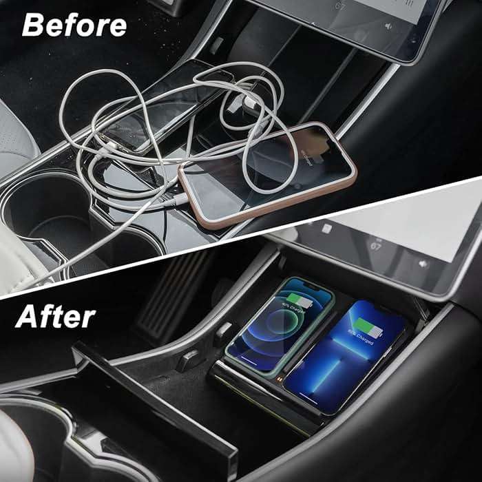 TAPTES Wireless Charger for Tesla Model 3 2017 2018 2019 2020, Dual Phone Charging Pad for Tesla Model 3 Accessories, Car Center Console Interior, Compatible with iPhone & Smartphones, Black - Image 3
