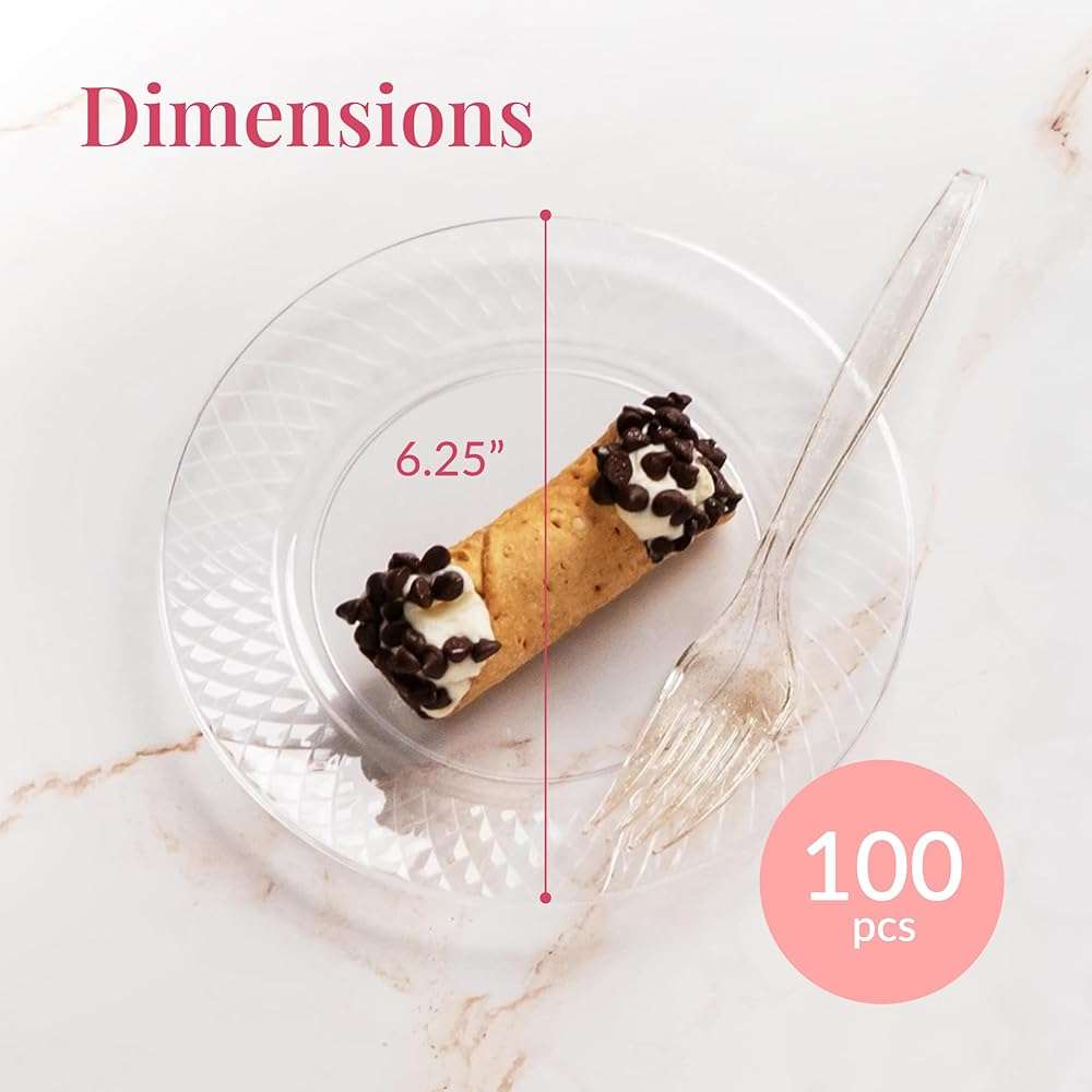Prestee 100 Pack Clear Plastic Plates for Party - 6.25 Inch Small Round Dessert Plate and Appetizer Platter - Heavy Duty Disposable Plastic Plates for Parties, Weddings, Caterings and Events - Image 2
