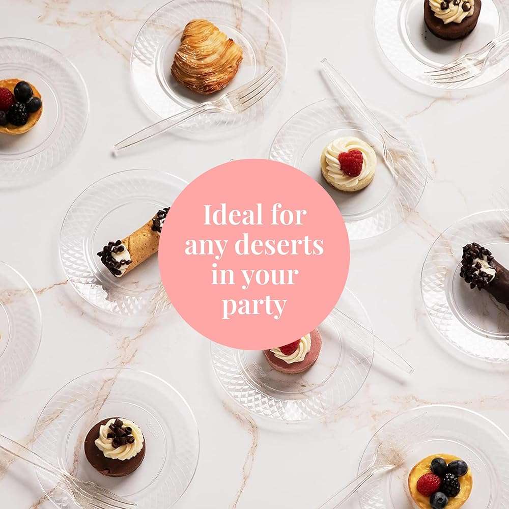 Prestee 100 Pack Clear Plastic Plates for Party - 6.25 Inch Small Round Dessert Plate and Appetizer Platter - Heavy Duty Disposable Plastic Plates for Parties, Weddings, Caterings and Events - Image 6