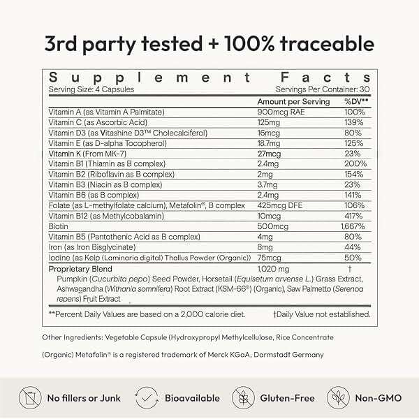 Moon Juice SuperHair Hair Growth Vitamins for Women & Men with Biotin & Saw Palmetto - Clinical Strength Multivitamin Hair Supplement for Healthier, Stronger, Thicker Hair, 120 Capsules - 30 Servings - Image 6