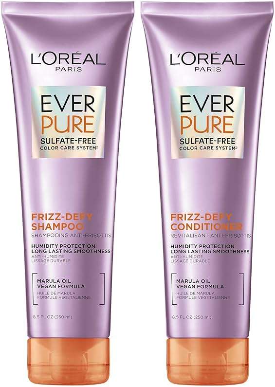 L'Oreal Paris Frizz Defy Shampoo and Conditioner Set, Frizz Control Hair Care with Marula Oil, EverPure, 8.5 Fl Oz, Set of 2 - Image 1