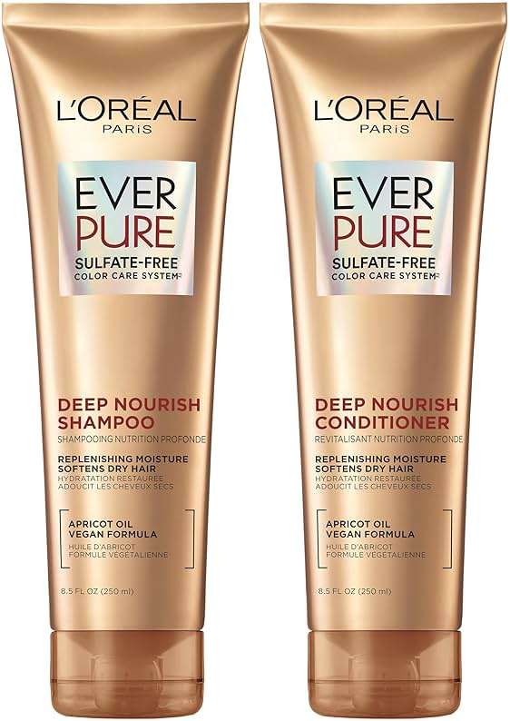 L'Oreal Paris Sulfate Free Shampoo and Conditioner for Dry Hair, Triple Action Hydration for Dry, Brittle or Color Treated Hair, Apricot Oil Infused Hair Care, EverPure, 8.5 Fl Oz, Set of 2 - Image 1